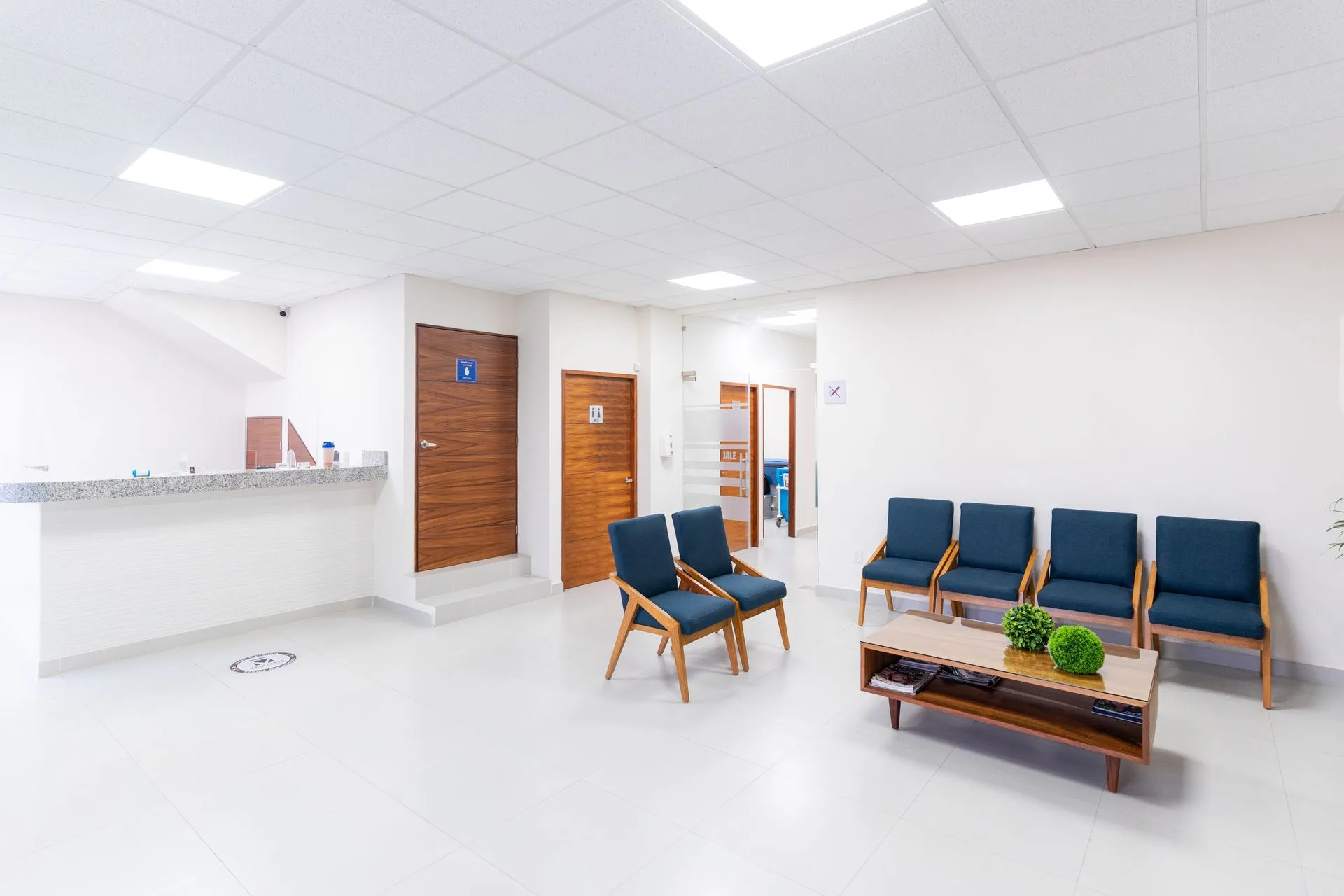 Sala de espera clara com cadeiras azuis e balcão de recepção